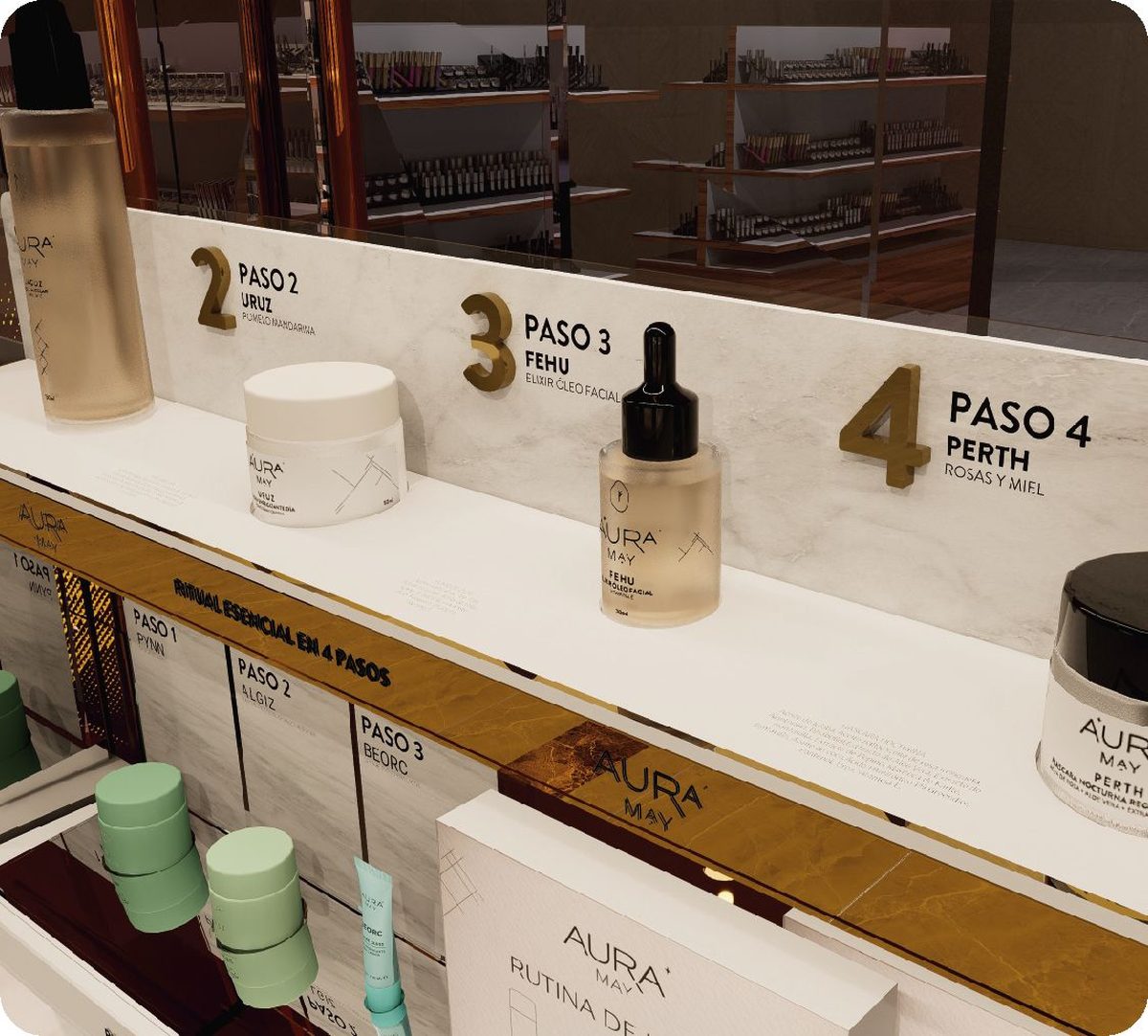Exhibidor de cosmética AURA en retail